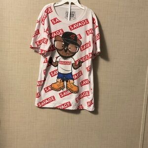 Savage Kids Graphic Tee with Bear Design - White and Red
